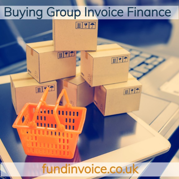 How invoice finance against invoices to buying groups works illustrated by boxes and a shopping basket on a laptop.