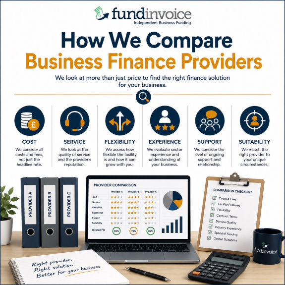 Illustration showing the factors FundInvoice considers when comparing business finance providers including cost, service, flexibility, experience, support and suitability.