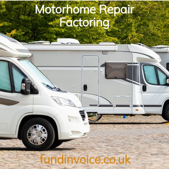 Motorhome and caravan outside repair shop with showcasing the effectiveness of factoring solutions in vehicle repair industry.